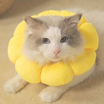 Wefulfil Recovery Neck Cone in soft yellow plush worn by a relaxed cat for wound protection