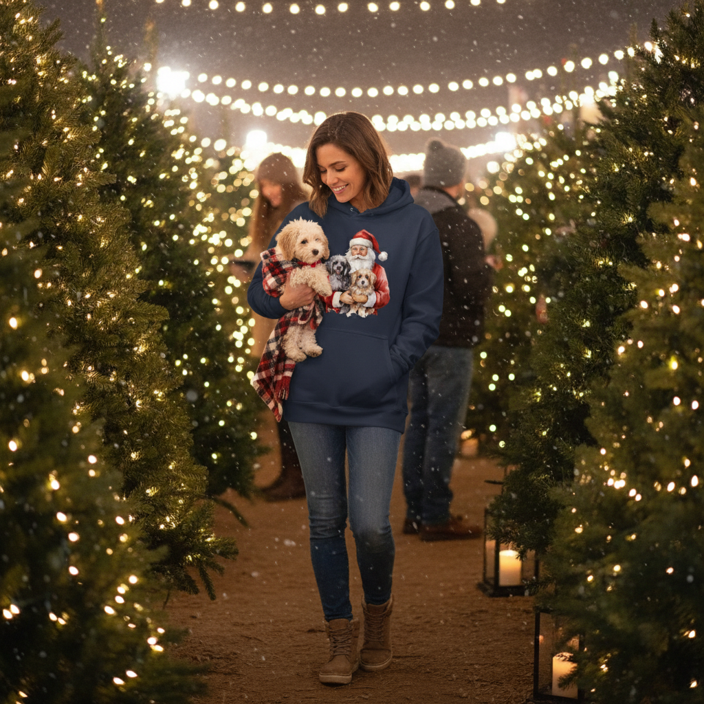 Santa Holding Puppies Hoodie - Navy - Lifestyle Image