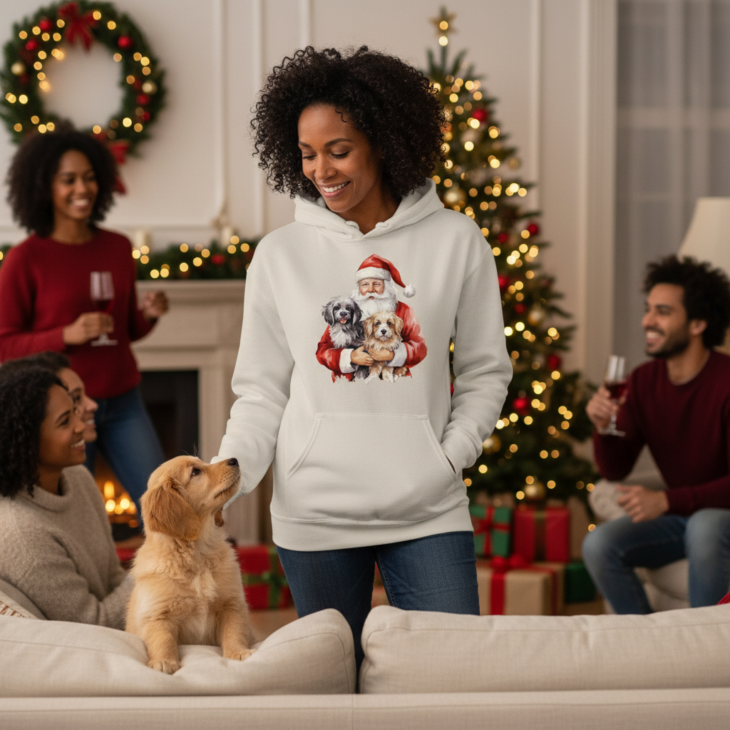 Santa Holding Puppies Hoodie - Sand - Lifestyle Image