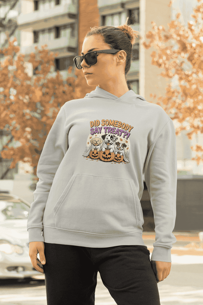 Halloween Dog Sweatshirt light gray hoodie with three dogs and jack o lantern pumpkins printed on front