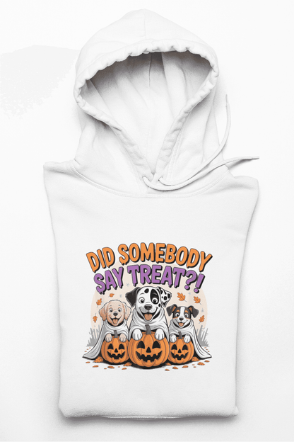 Printify white hoodie with three dogs and carved pumpkins saying Did somebody say treat, Halloween Dog Sweatshirt