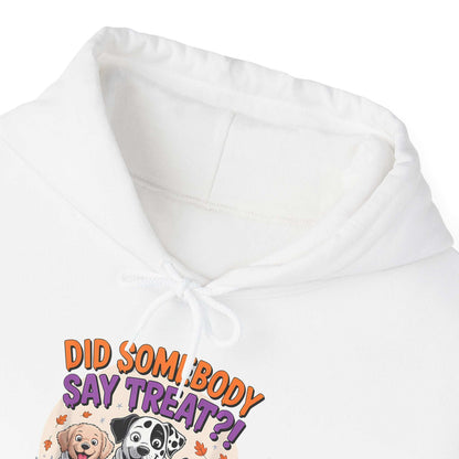 White Printify hoodie with Halloween Dog Sweatshirt design showing cartoon dogs and Did somebody say treat text