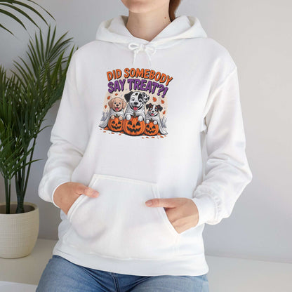 Printify white hoodie featuring Halloween Dog Sweatshirt design of three dogs with pumpkins and fall leaves
