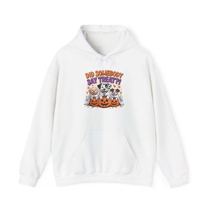 Printify white hoodie featuring Halloween Dog Sweatshirt design with three dogs and jack o lanterns