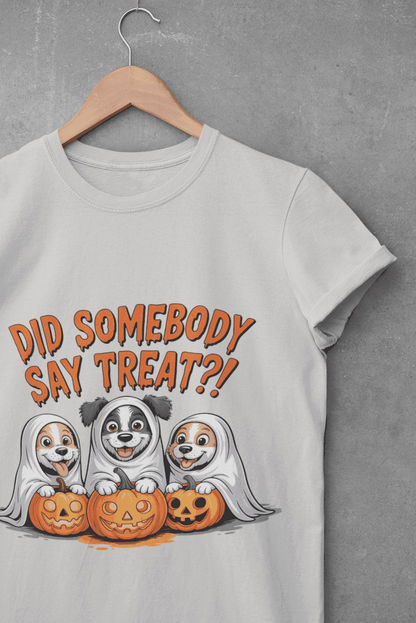 Spooky Halloween Dog Tee white shirt on hanger showing three dogs as ghosts with carved pumpkins
