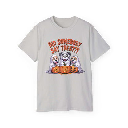 Spooky Halloween Dog Tee white shirt with three dogs in ghost costumes and carved pumpkins for trick or treating