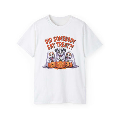White Printify t shirt with three dogs as ghosts and pumpkins Did somebody say treat Spooky Halloween Dog Tee