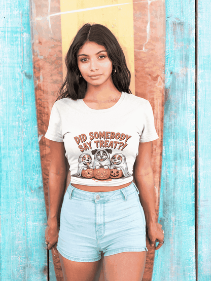 Spooky Halloween Dog Tee on model white cropped T shirt with ghost dogs pumpkins Did somebody say treat print