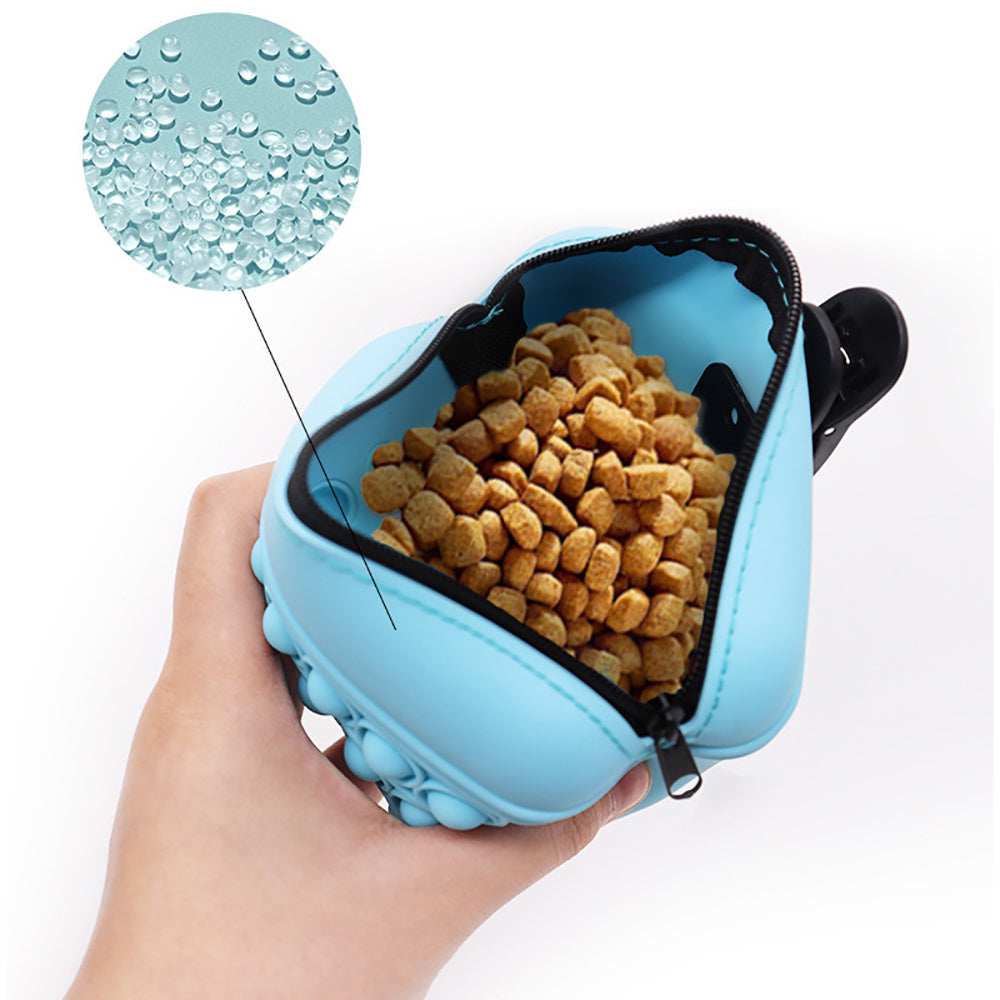Wefulfil blue Treat Pouch Bag filled with pet treats held in hand showing water-resistant silicone material