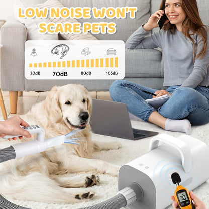 Wefulfil Pet Grooming Vacuum Cleaner with low noise level safe for pets shown grooming a golden retriever