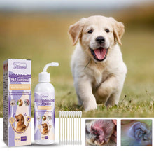 Wefulfil Pet Cat And Dog Ear Rinse with applicator bottle, cotton swabs, and before-after ear cleaning images