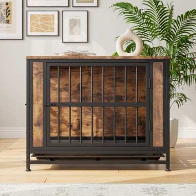 Wood and Metal Dog Crate Kennel with 2 Sliding Doors - Purrfect Pet Haven
