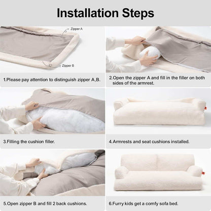Step-by-step installation guide showing how to assemble a waterproof pet bed with zippers and cushions