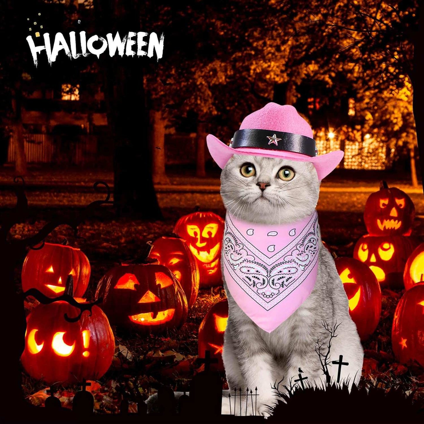 Halloween Pet Dog or Cat Pink Western Bandana and Hat Set - Purrfect Pet Haven