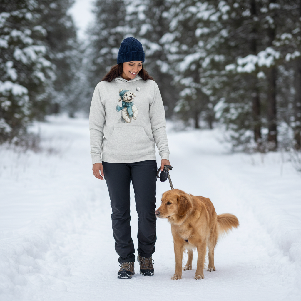 Whimsical Pup Snowball Fetch Hoodie Ash