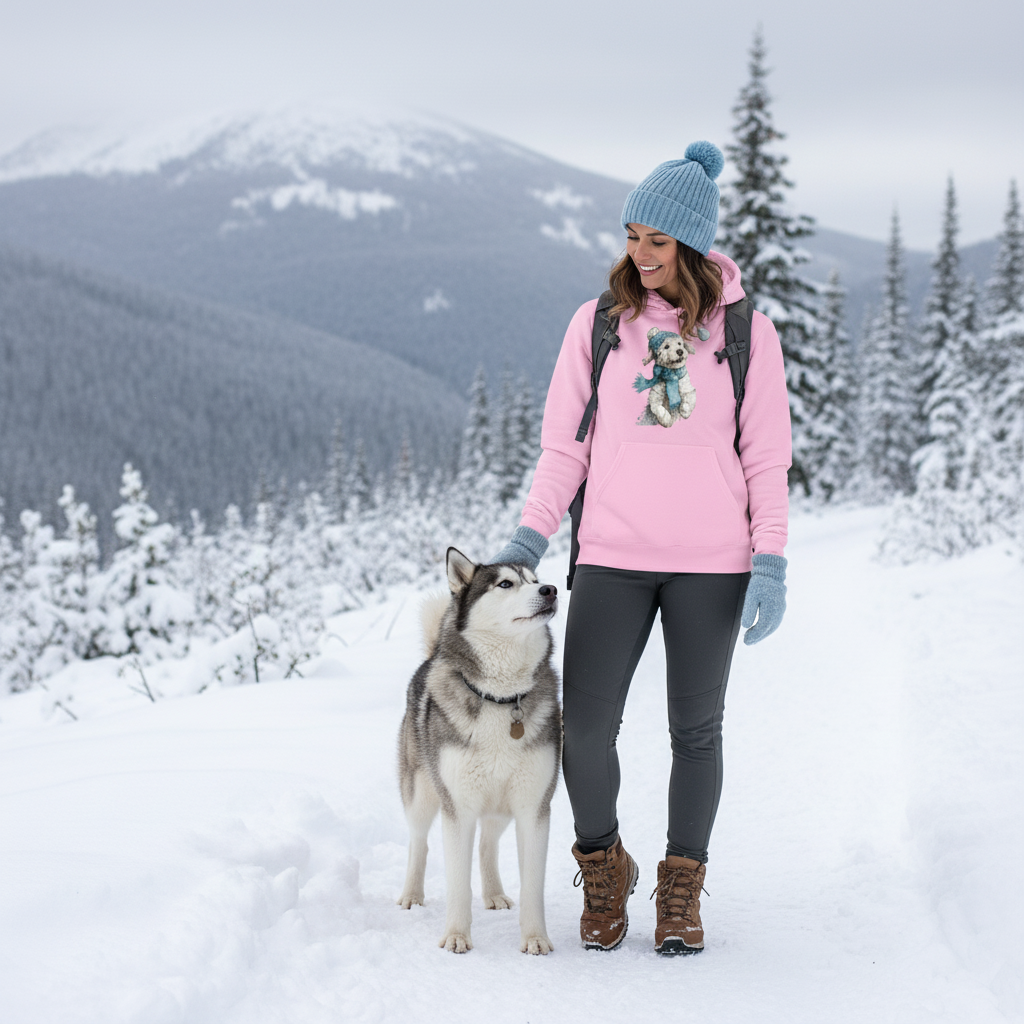 Whimsical Pup Snowball Fetch Hoodie Light Pink