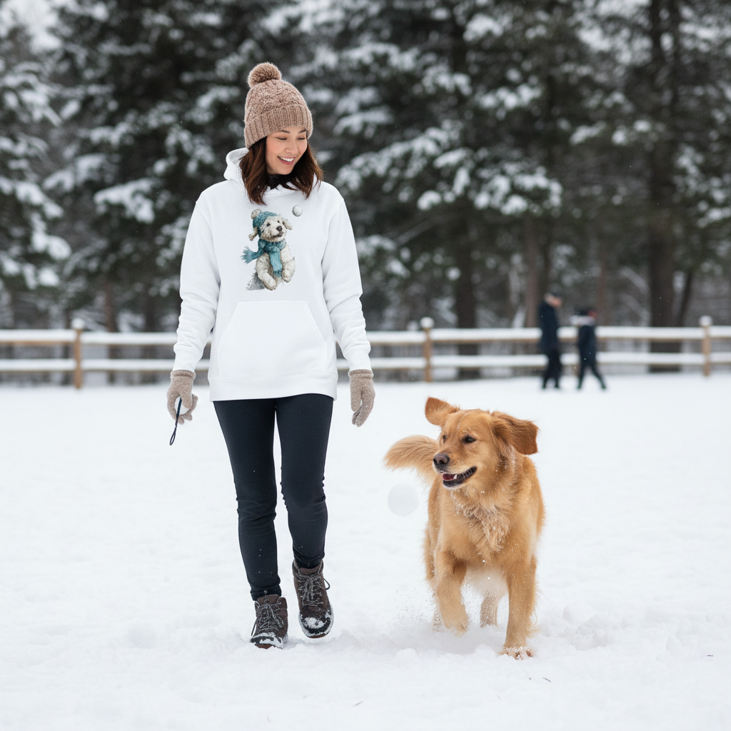 Whimsical Pup Snowball Fetch Hoodie White