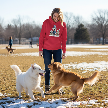 Whimsical Winter Dogs Playing Red Hoodie Lifestyle