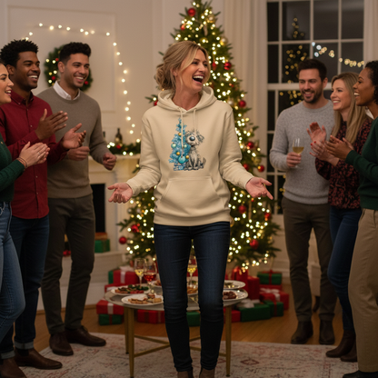 Whimsy Blue Christmas Tree Hoodie - Old Gold - Lifestyle Image