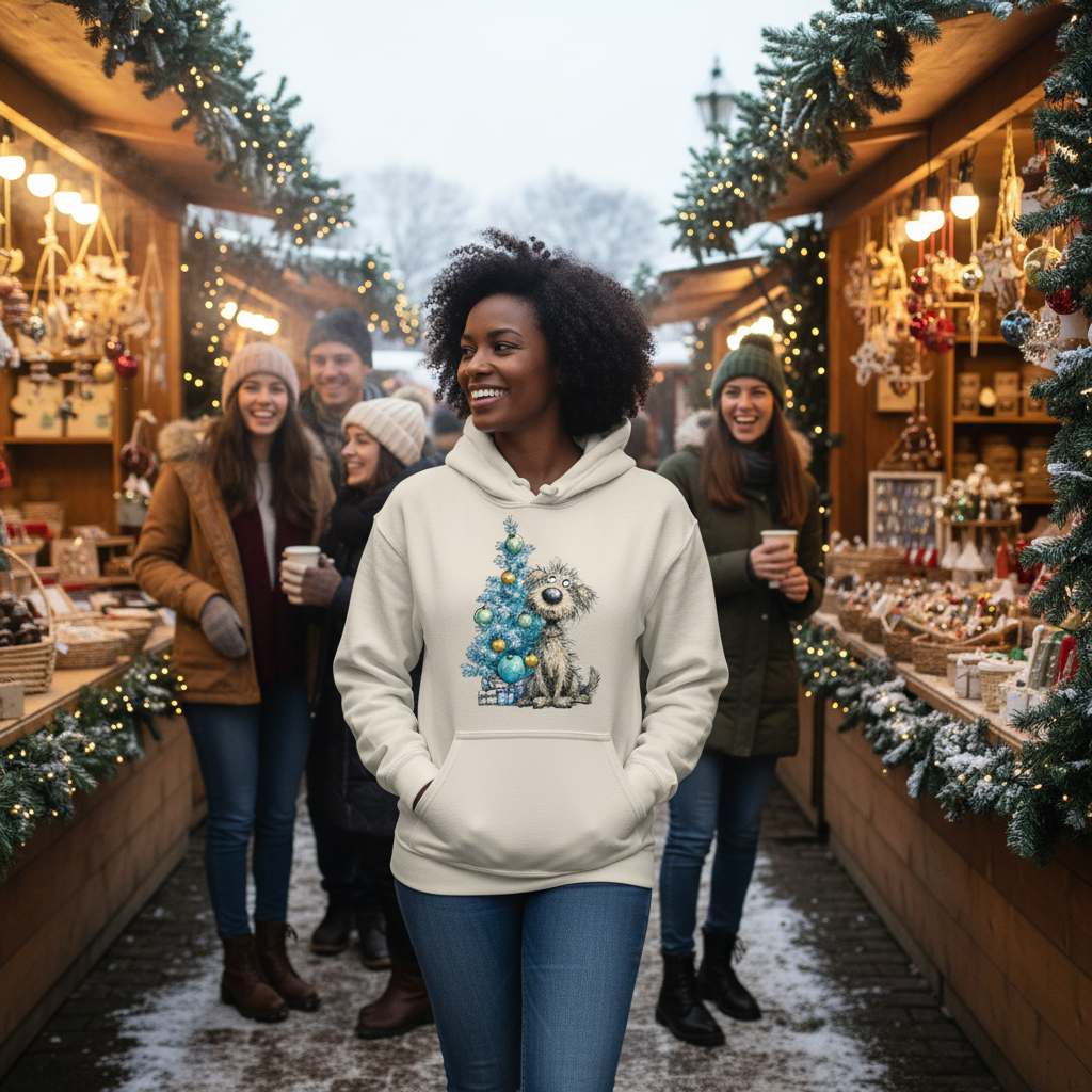 Whimsy Blue Christmas Tree Hoodie - Sand - Lifestyle Image