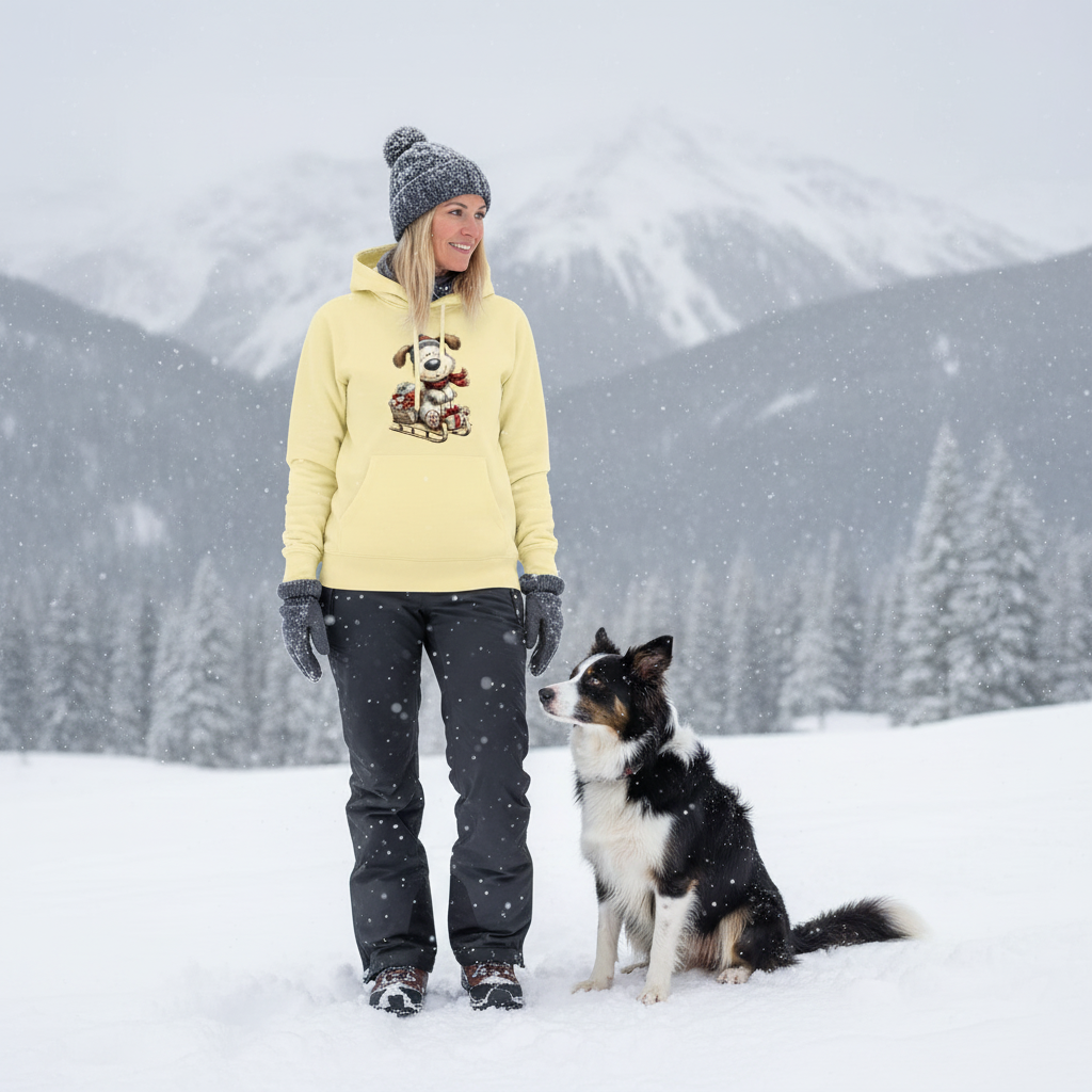 Comfort Colors Whimsy Sledding Pup Hoodie - Winter Gift - Purrfect Pet Haven