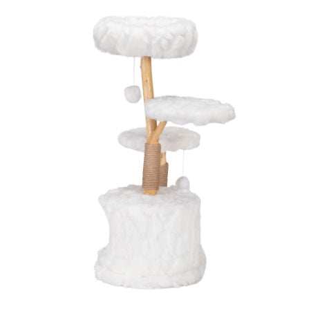 Wefulfil white plush natural cat tree with multiple platforms and hanging toys for cats