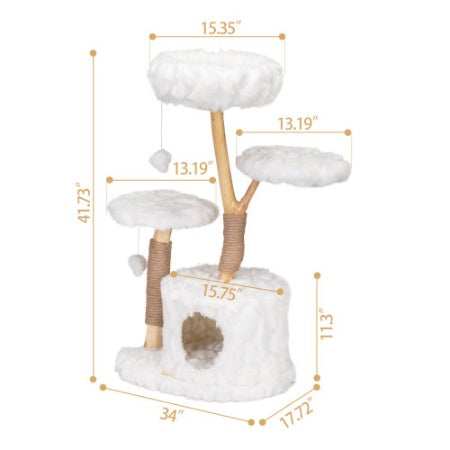Wefulfil White Plush Natural Cat Tree with multiple platforms and cozy hideout for cats