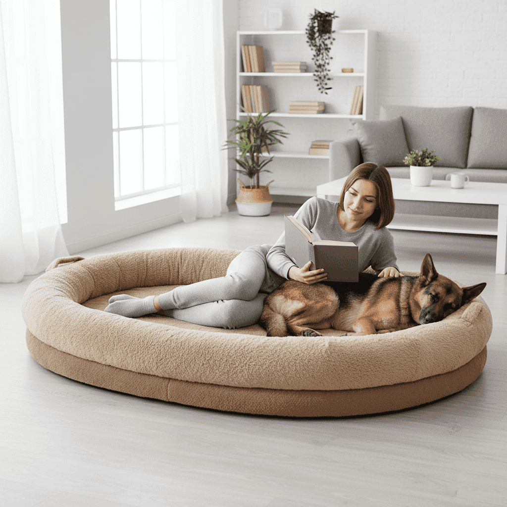 Woman reading with German Shepherd on giant dog bed