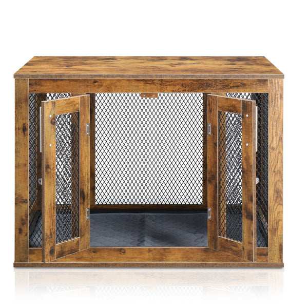 Wefulfil wooden indoor dog crate furniture with double mesh doors and rustic finish