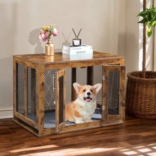 Wefulfil wooden indoor dog crate furniture with double doors and a happy corgi inside