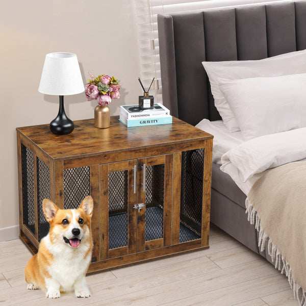 Wefulfil wooden indoor dog crate furniture with metal mesh doors placed next to a bed and a happy corgi